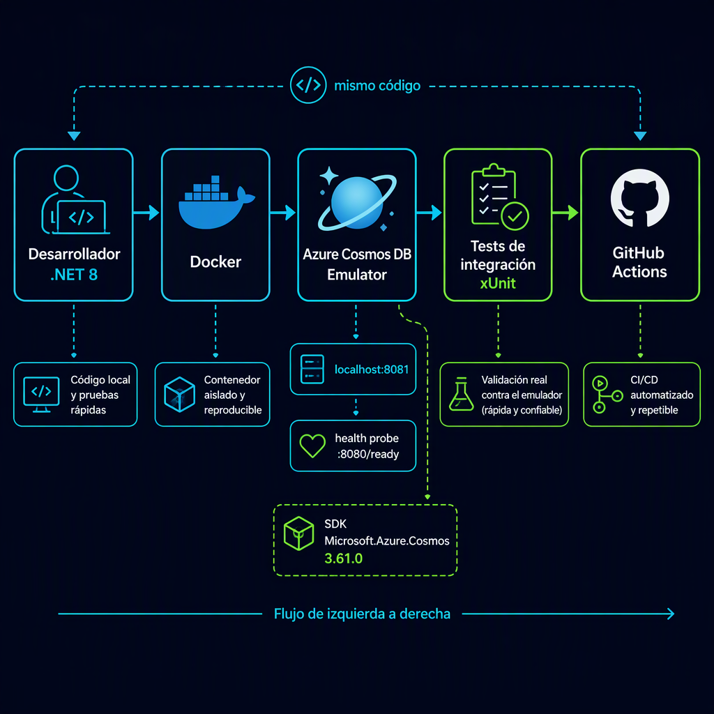 Diagrama del flujo de desarrollo local a CI con Cosmos DB Emulator