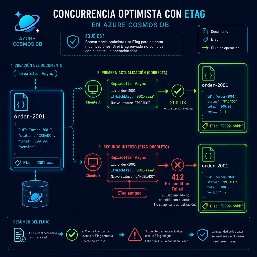Diagrama de concurrencia optimista con ETag en Cosmos DB