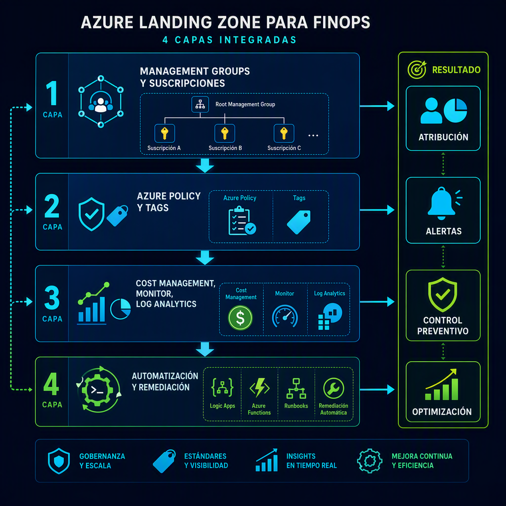 Diagrama del modelo operativo FinOps en una landing zone