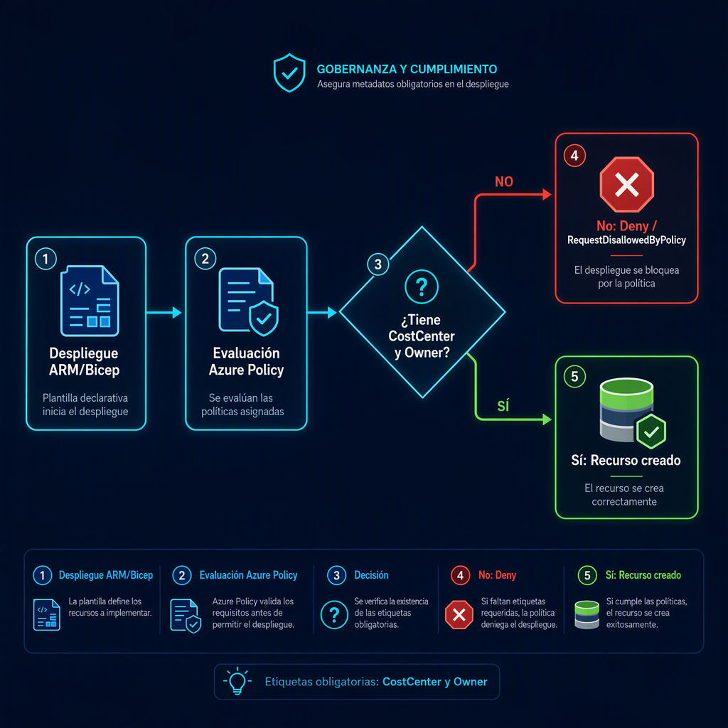 Flujo de denegación por Azure Policy al faltar etiquetas de coste