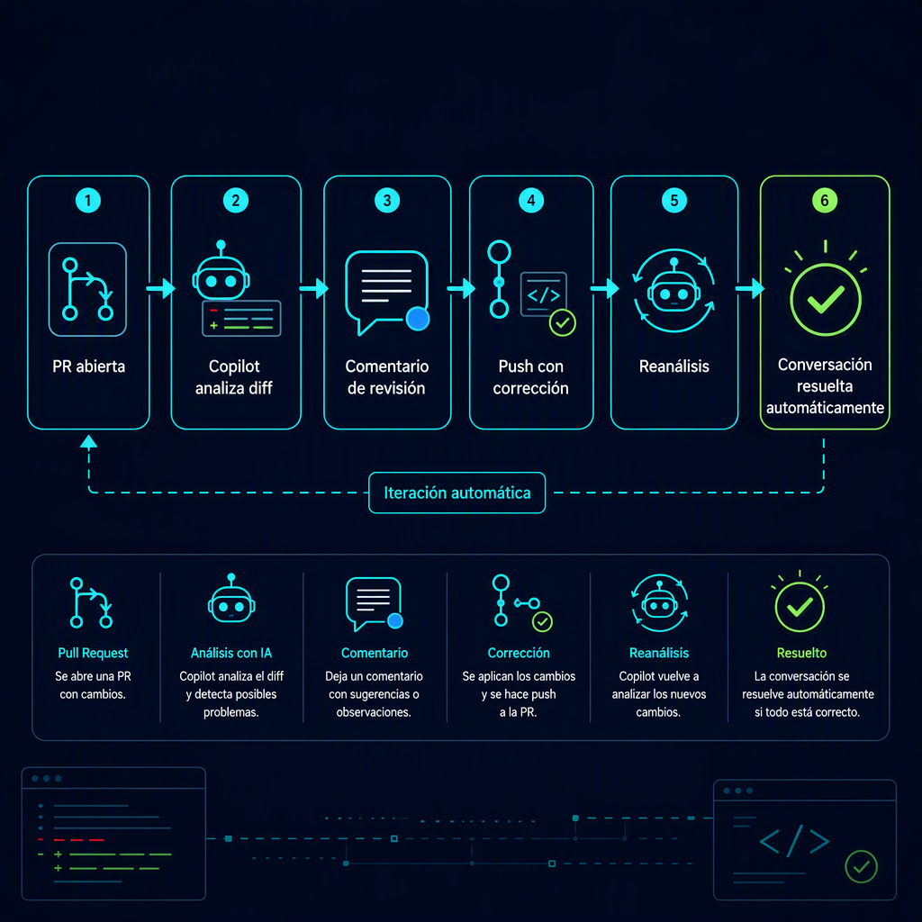 Diagrama del flujo de revisión con auto-resolución de Copilot