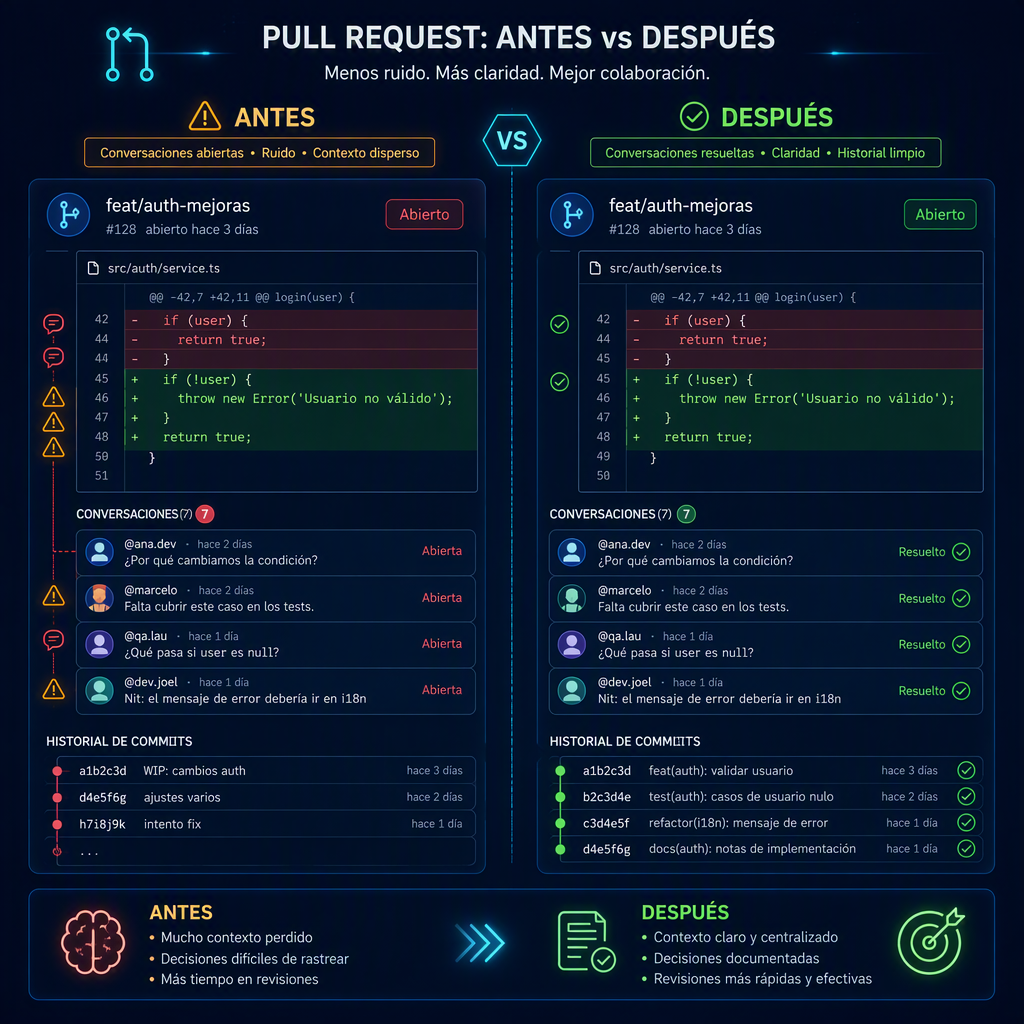 Comparativa visual entre PR con comentarios pendientes y PR limpia tras auto-resolución