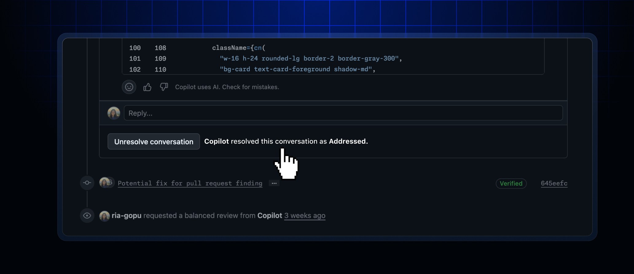 Captura de la interfaz de Copilot Code Review con estado de conversación