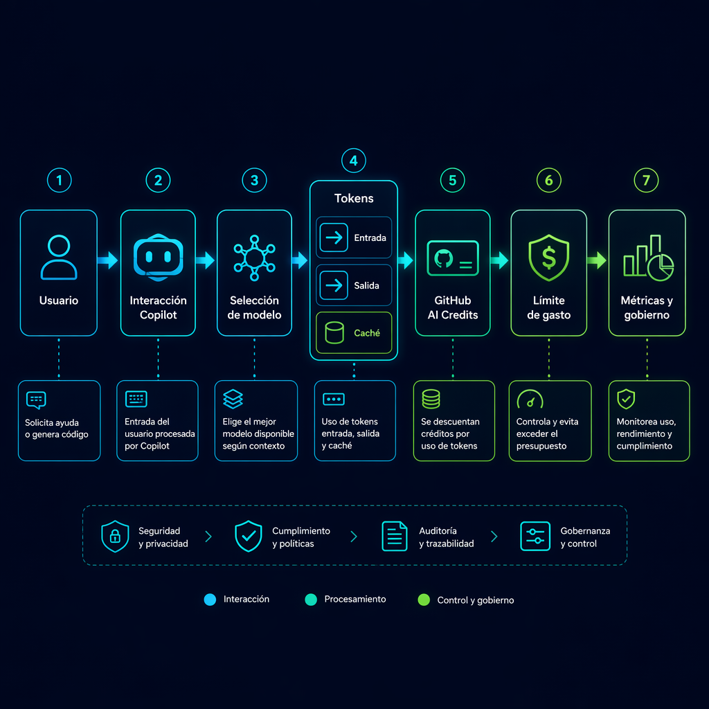 Diagrama del flujo de consumo de créditos de GitHub Copilot