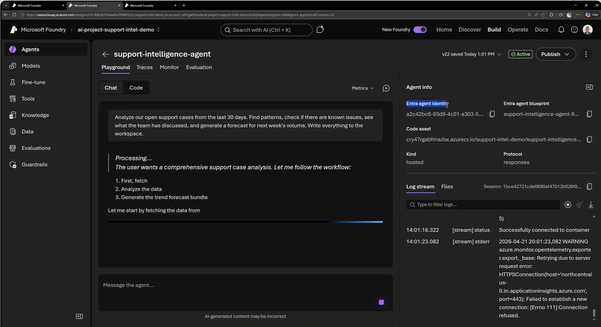 Panel de Microsoft Foundry para operar agentes